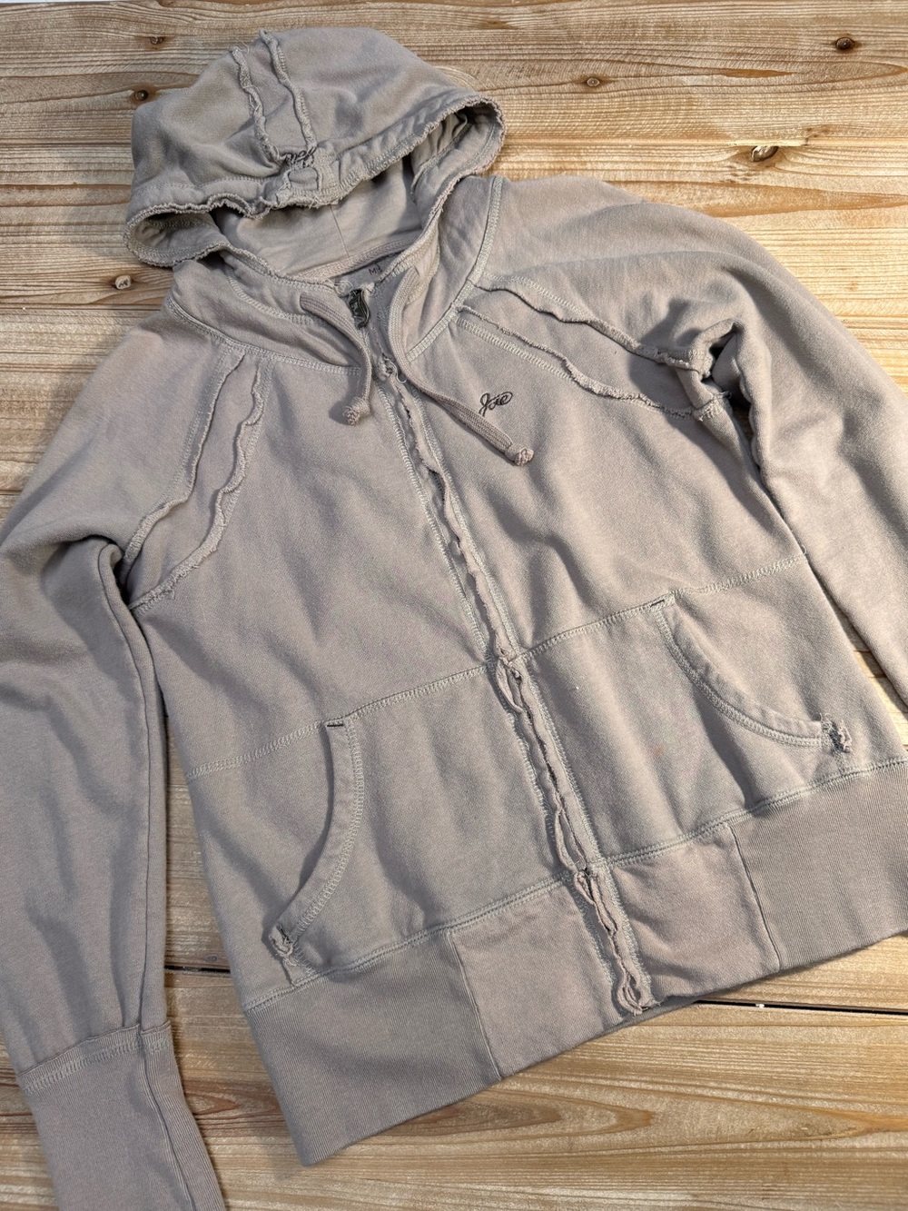 Joie Raw Edge Zip Hoodie | Café Beige / Taupe | Size M | Distressed Sweatshirt